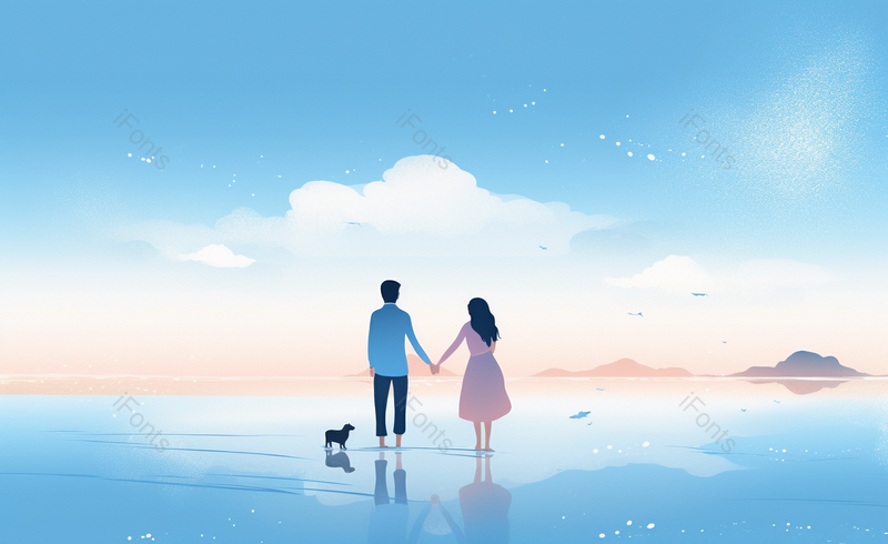 蓝色系情侣手牵手带着小狗在海边散步,插画/手绘图,插画/手绘图库,插画/手绘图下载,插画/手绘